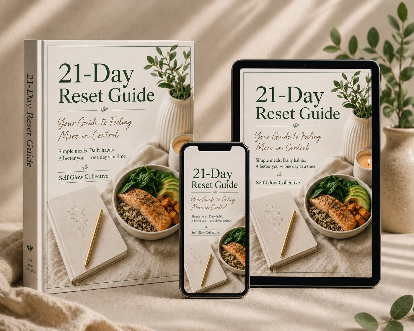 The 21-Day Functional Plan for Emotional Balance & Digestive Support — book, tablet, and phone mockup