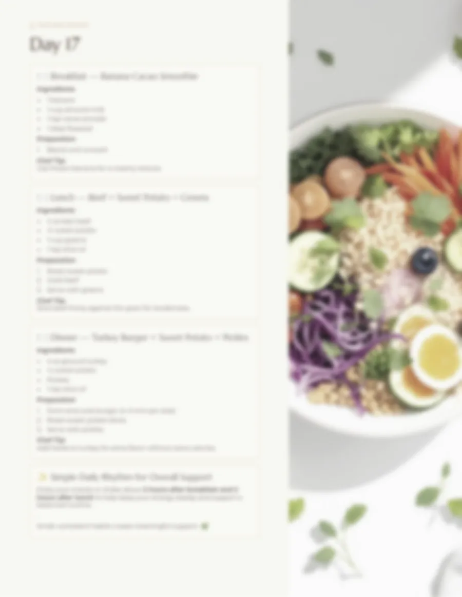 Blurred preview of a sample daily plan with breakfast, lunch and dinner recipes